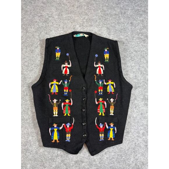 Vintage 50s Balmoral Scottish Wool Vest Women Small Ribbed Knit Folk Art Figures - Picture 1 of 7